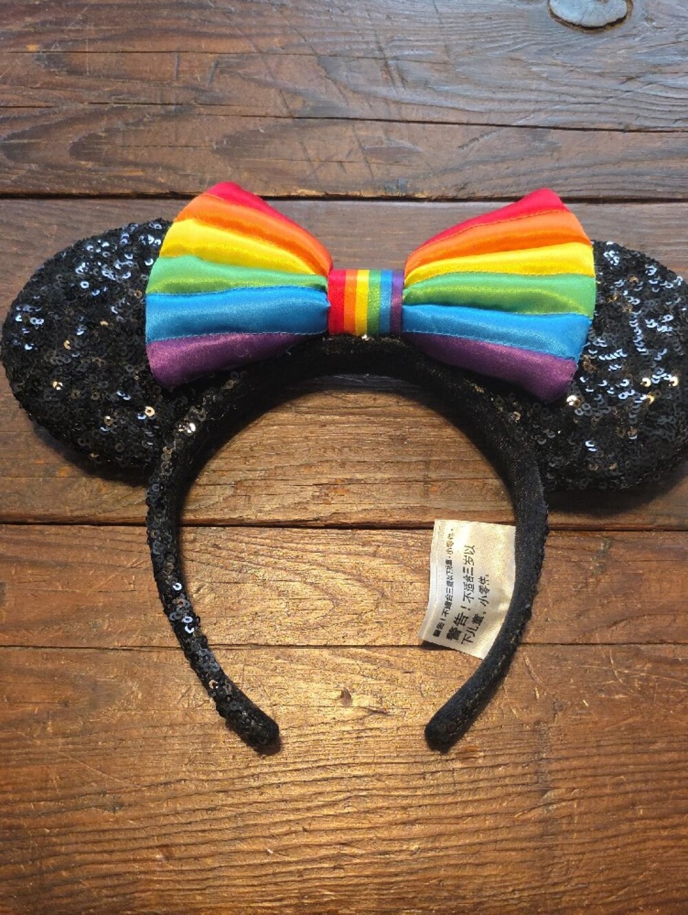 Disney Black Sequin Minnie Ears Headband with Rainbow Bow Pride